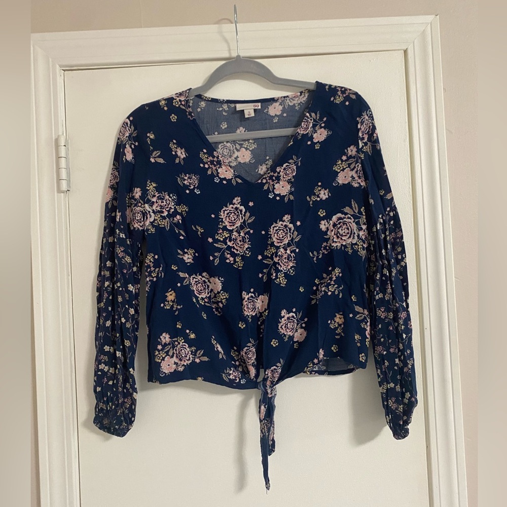 So Navy flower tie bottom blouse with bell sleeves size S